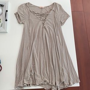 Manonie Tan & White Striped Lace Up Flowy Dress
